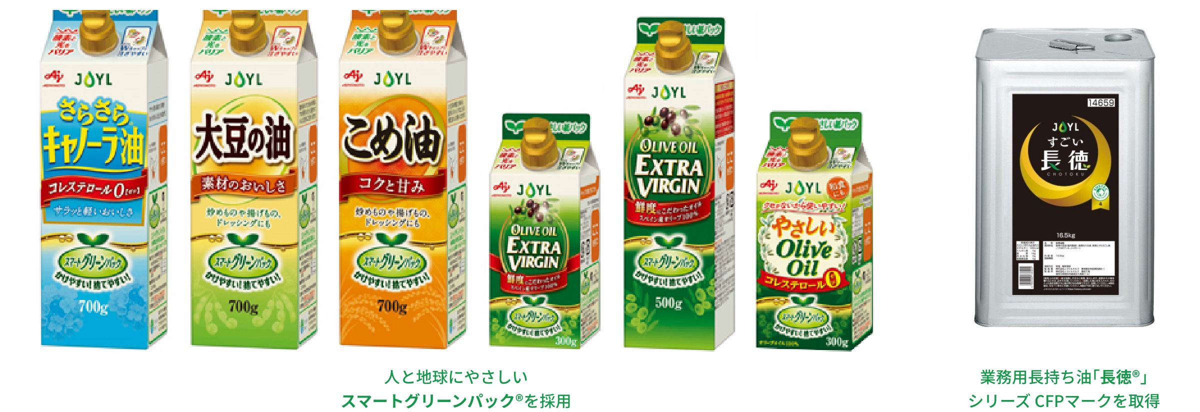 人と地球にやさしいスマートグリーンパック®を採用した家庭用食用油製品、CFPマークを取得した業務用長持ち油「長徳」の写真