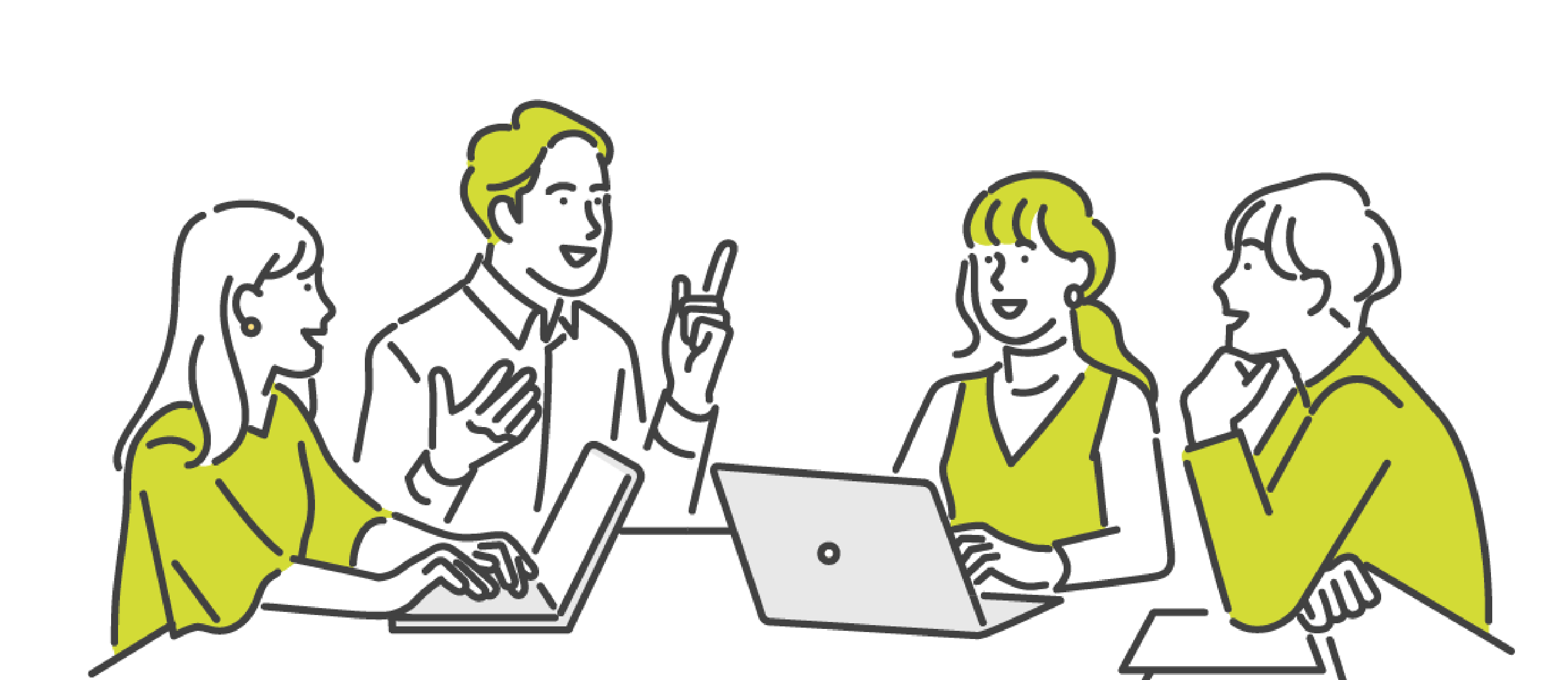社員が笑顔でディスカッションしているイラスト