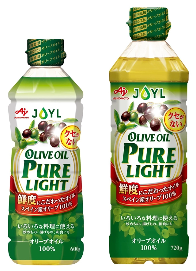 （左から） JOYL「AJINOMOTO オリーブオイル PURE LIGHT」600g UDエコペット／720g UDエコペット