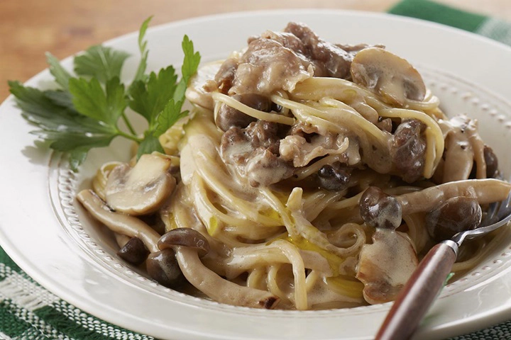 牛肉とマッシュルームのクリームソーススパゲッティ